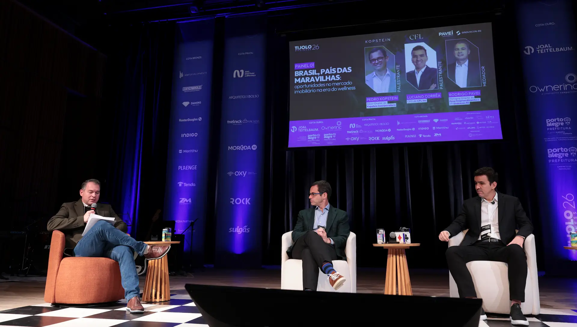 Rodrigo Pavei, managing director da Pavei Empreendimentos e vice-presidente do Sinduscon-RS, Luciano Corrêa, CEO da CFL Inc., e Pedro Kopstein, sócio-diretor da Kopstein Incorporadora